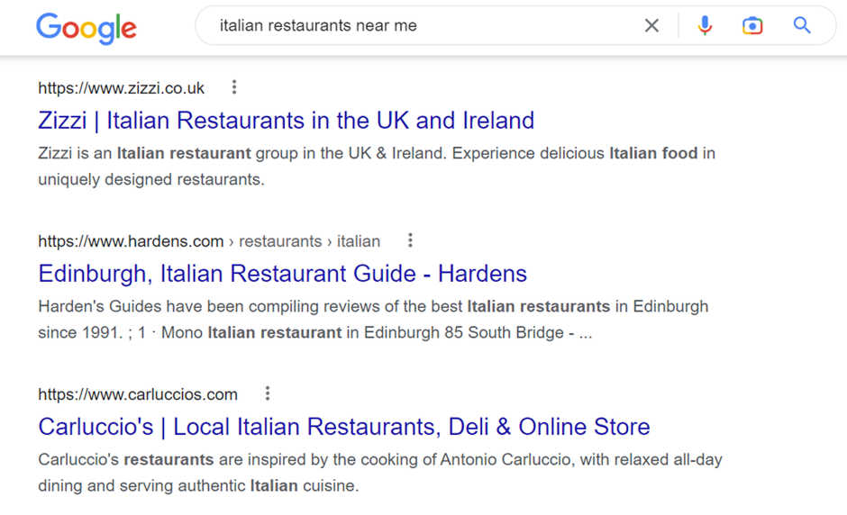 A Google search results page for the search "italian restaurants near me".