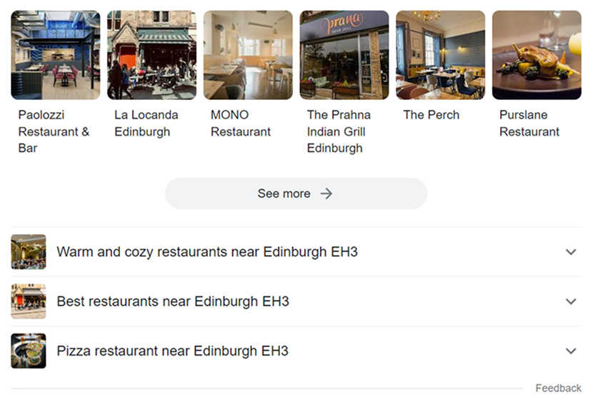 A Google search results page showing a list of restaurants with images.