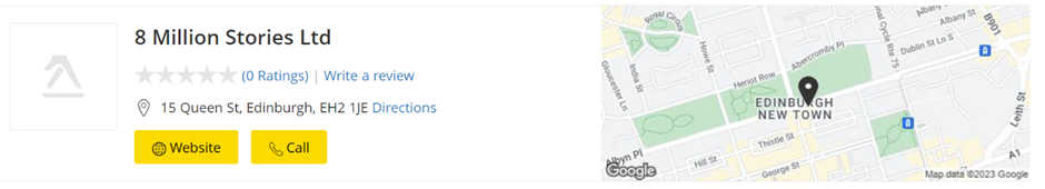 A location result page for 8 Million Stories showing a map to the office with a button to call and a button linking to the website.
