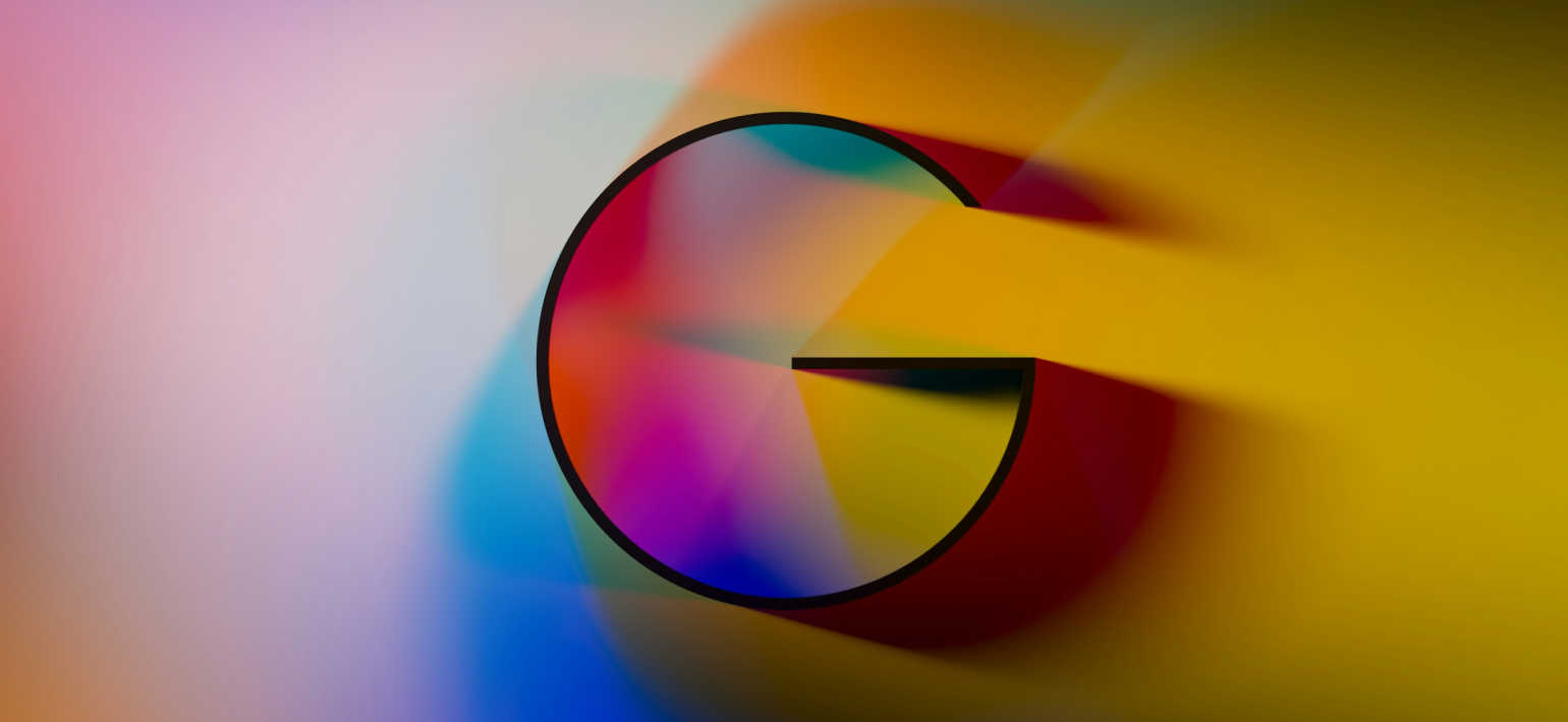 A simplistic 'G' logo against a colourful background.