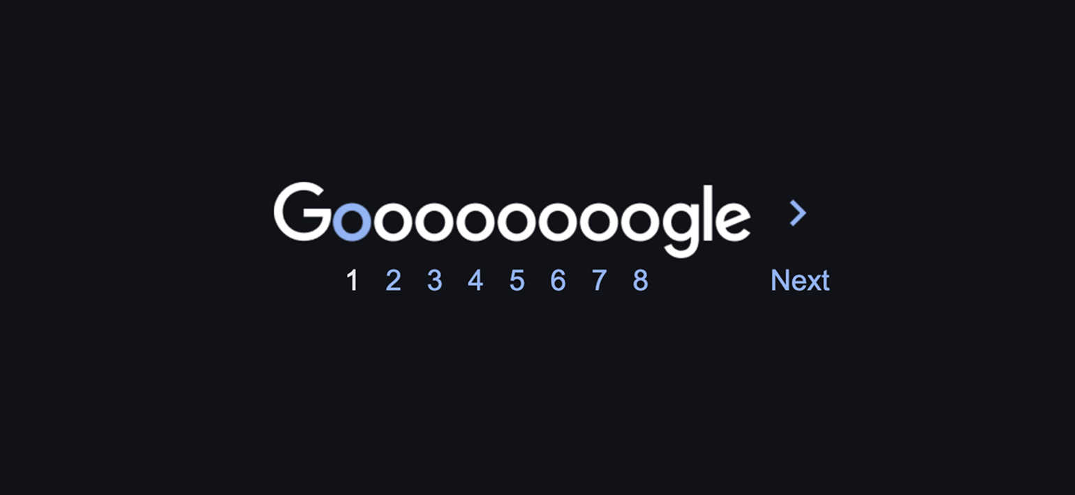 Google results page showing links to search result pages 1 to 8 against a black background.
