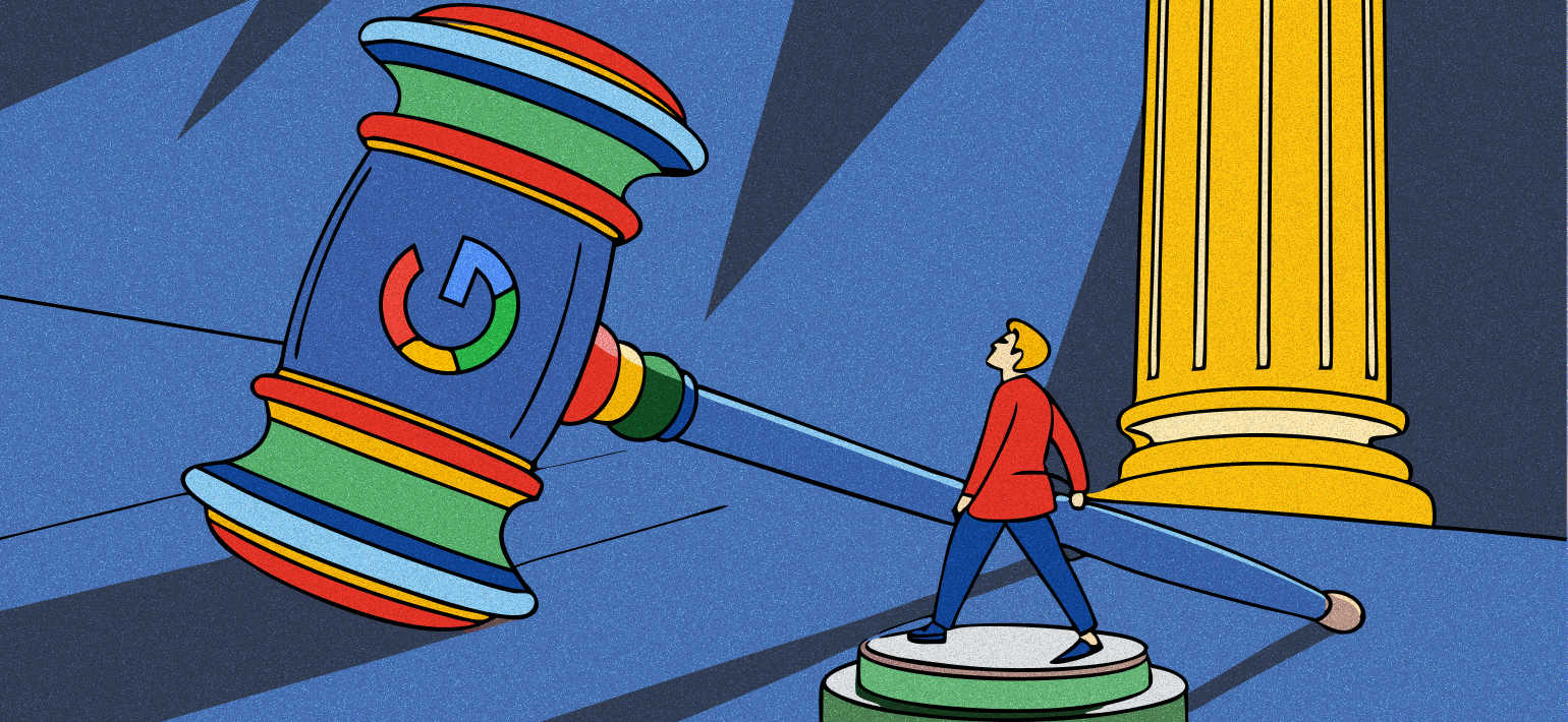 Cartoon image of a gavel in Google's brand colours