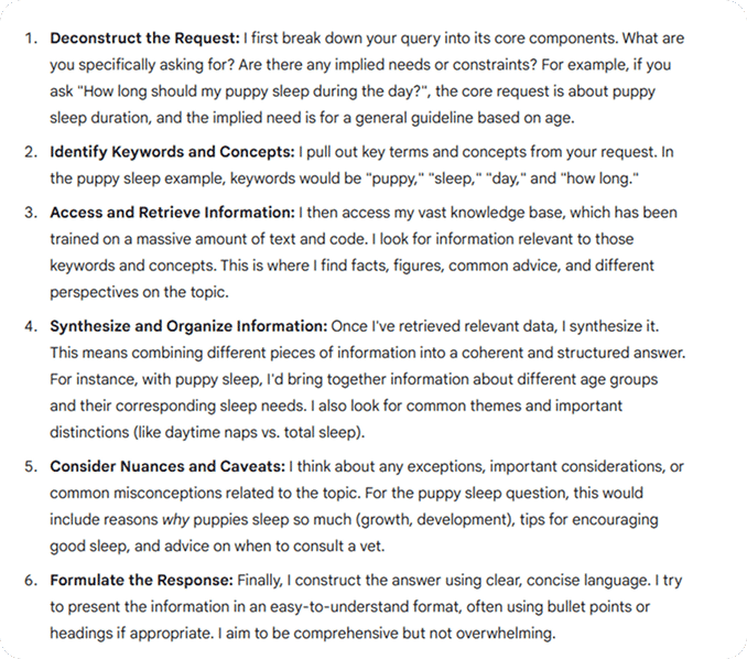 Gemini, which powers Google's AIOs, outlining the steps it took when responding to the user query "how long should my puppy sleep during the day"?