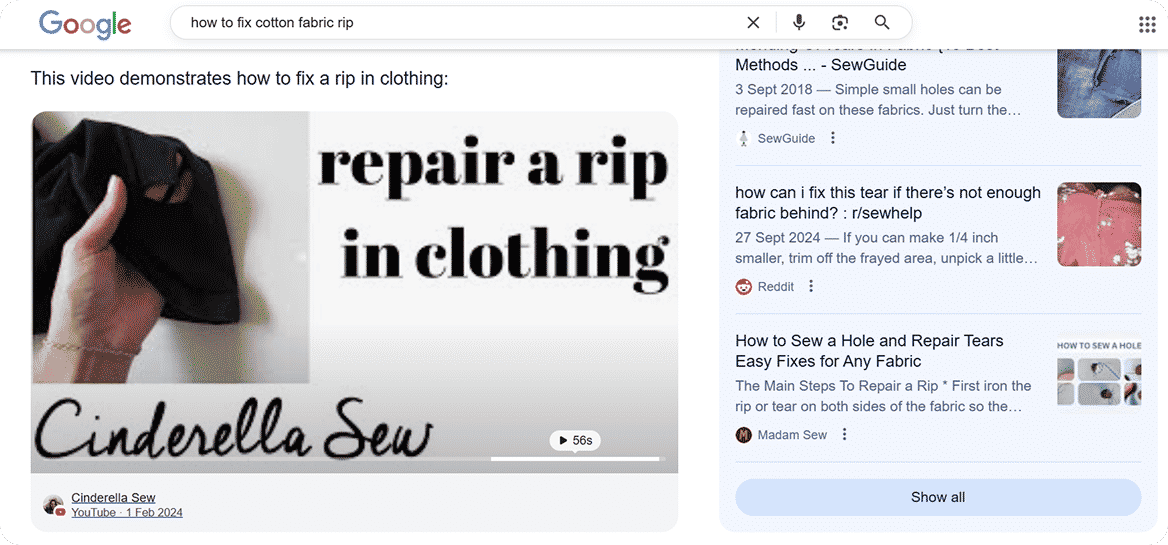 A YouTube video appearing in Google's AI Search Overviews in response to the query "how to fix cotton fabric rip".