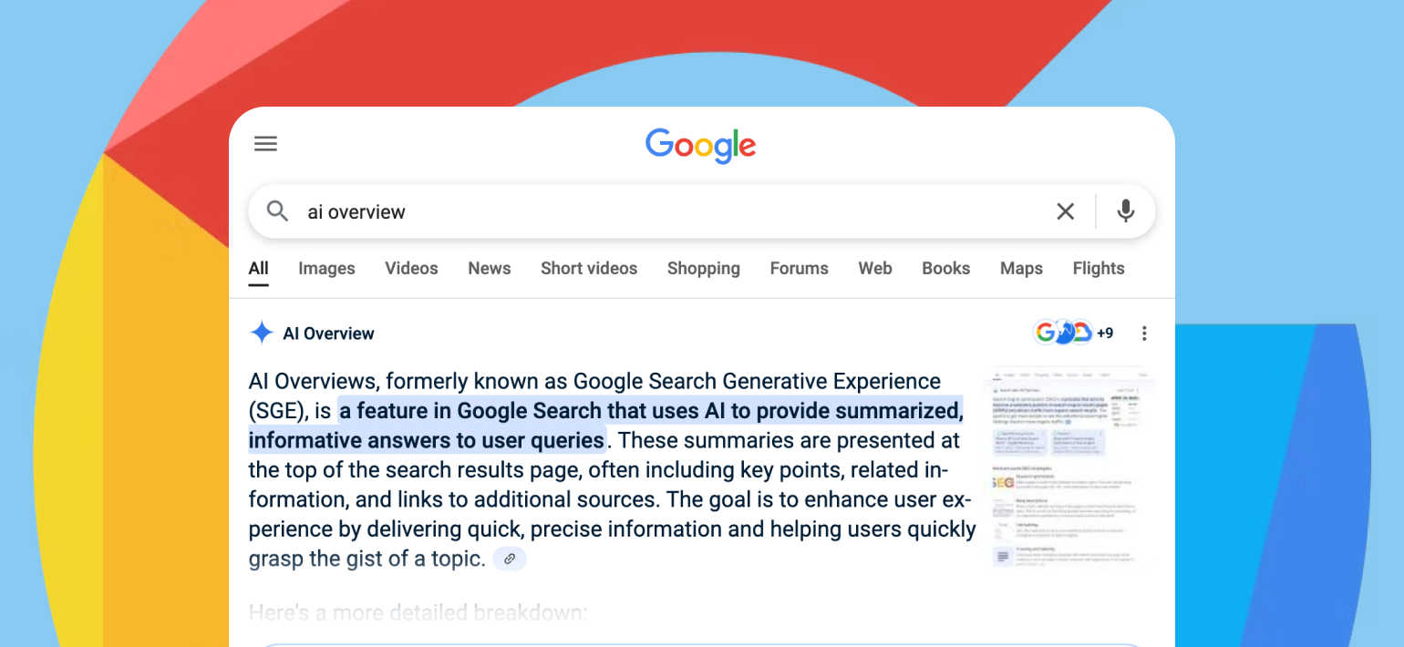 An illustration of a Google AI Overview showing results from a search for the keyword AI Overview with the Google logo in the background]