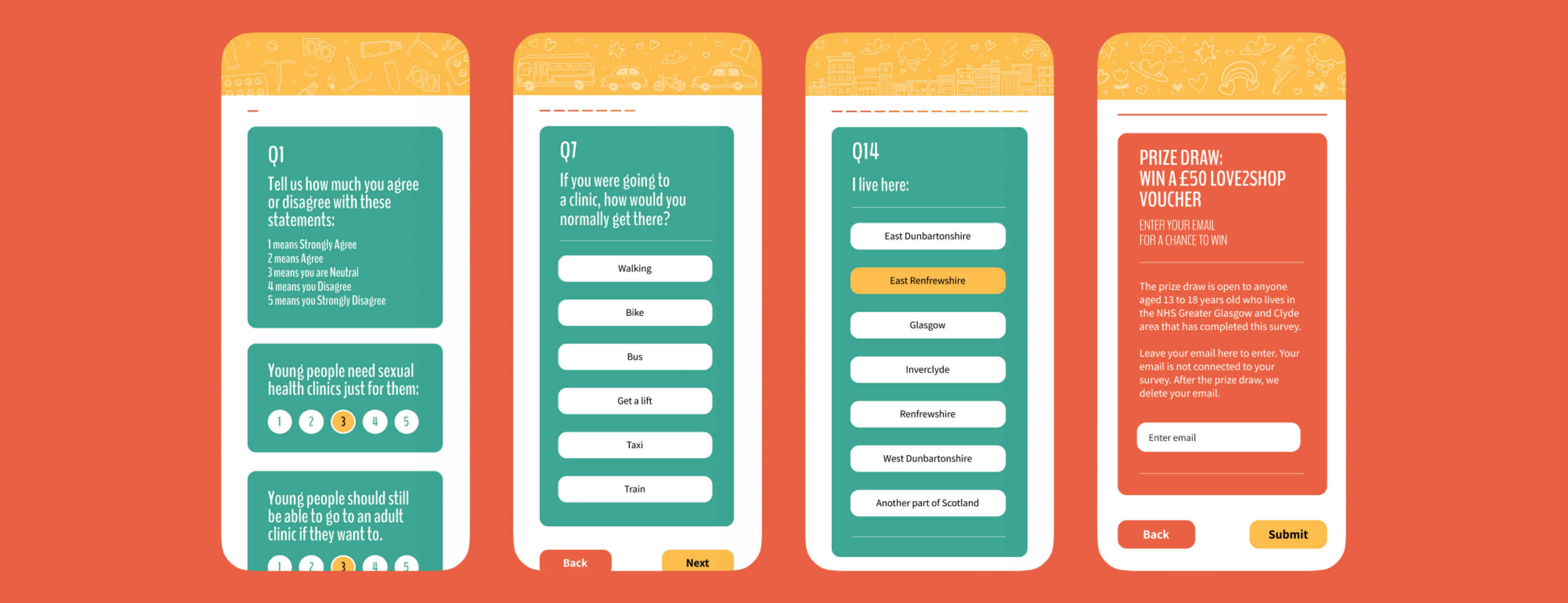 Four screenshots of the quiz in a stylized format