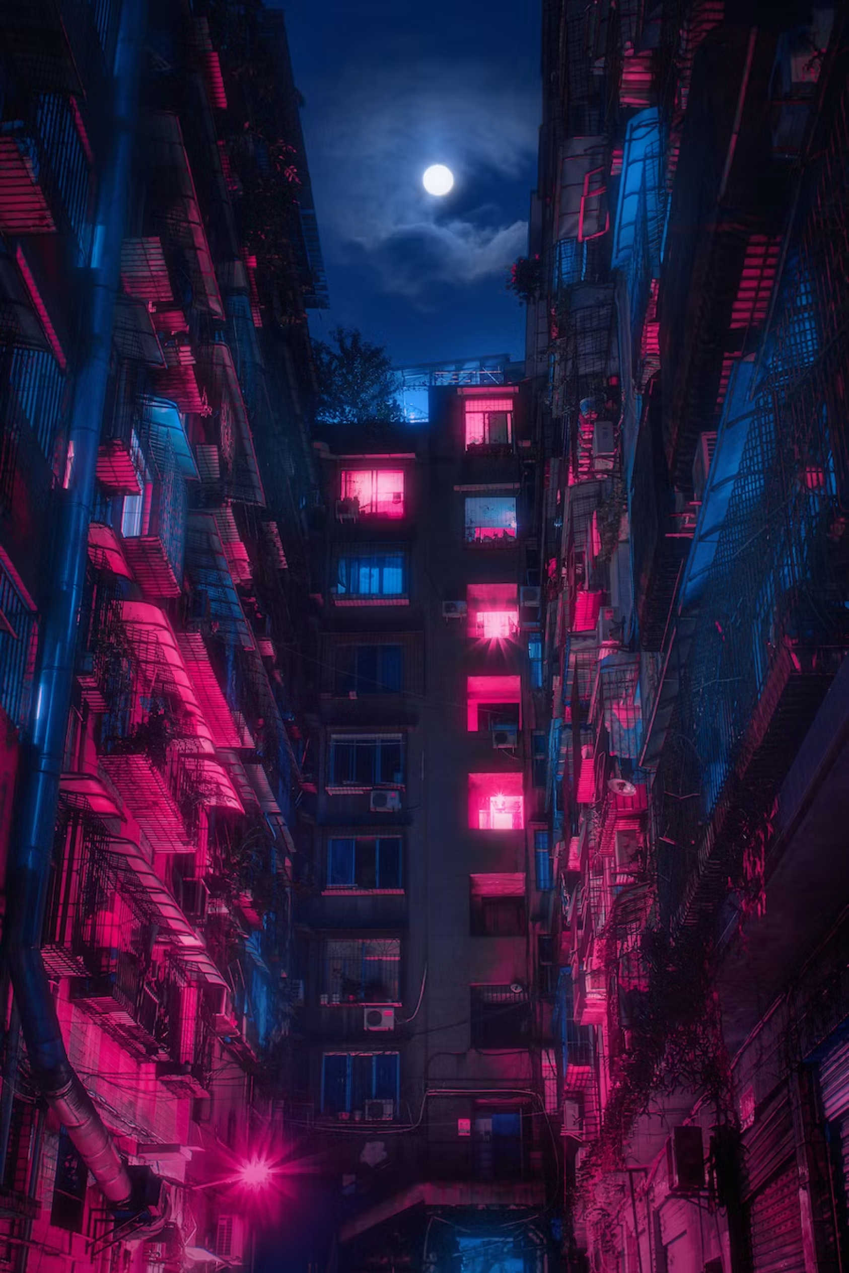 A narrow alley between tall apartment buildings at night, illuminated by vibrant pink and blue neon lights shining from windows and balconies