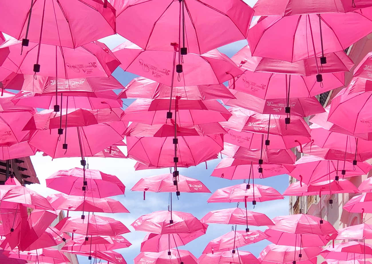 Numerous pink umbrellas suspended above a street.