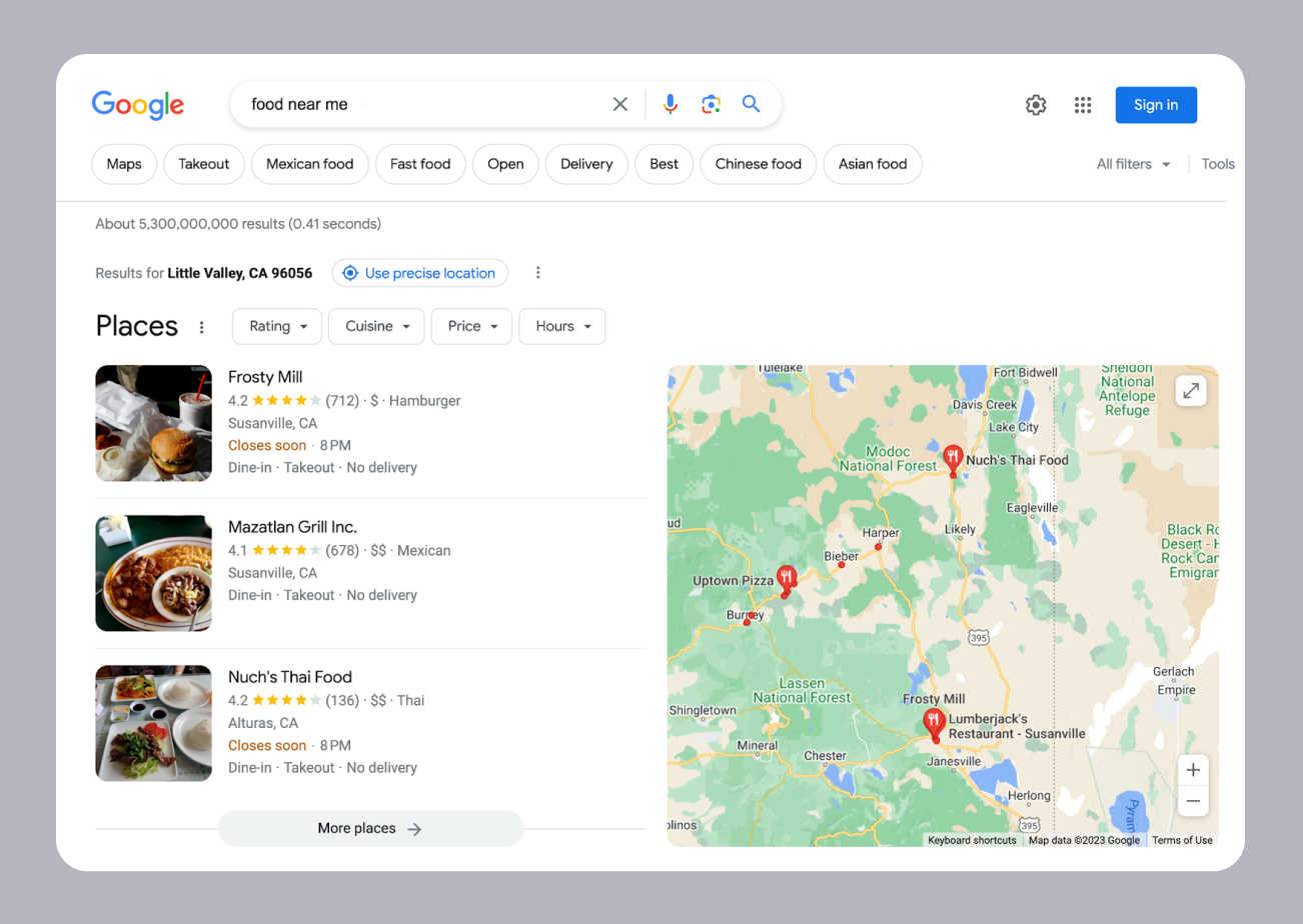 Screenshot of a Google search for "food near me" showing restaurant listings near Little Valley, CA.