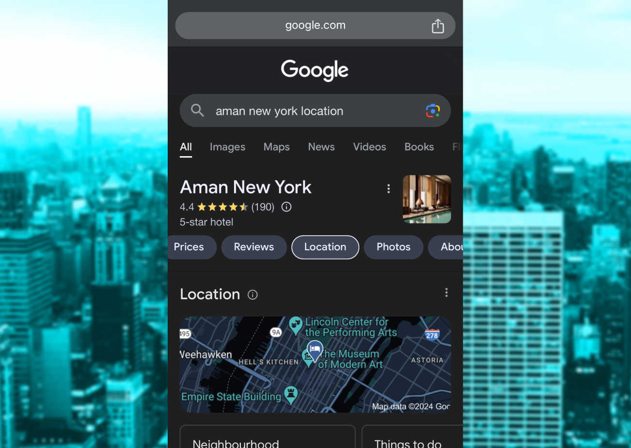 A smartphone screen displays a Google search for "Aman New York location."