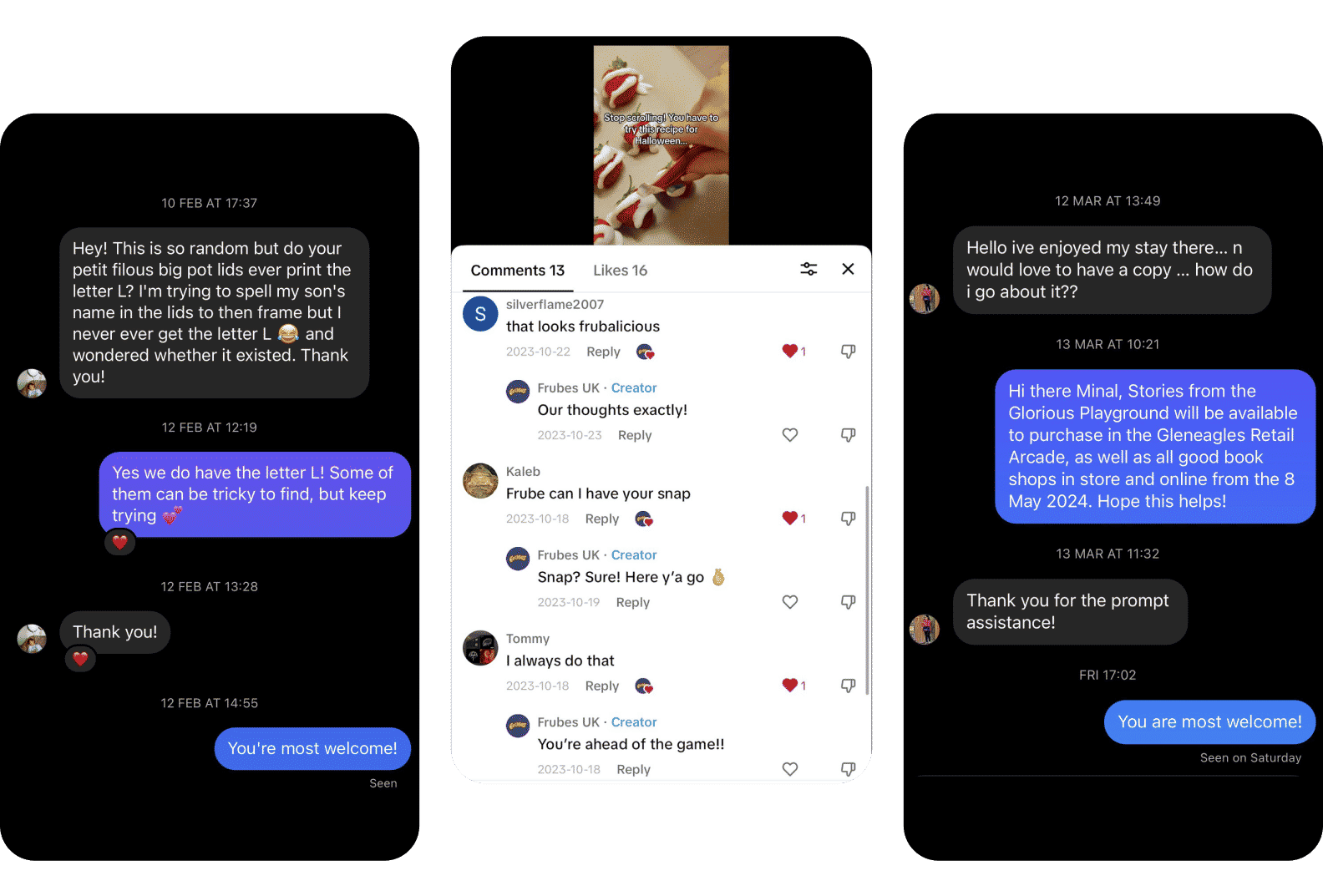 Screenshot of social media management for Frubes UK, including Instagram inbox management and TikTok comment management.