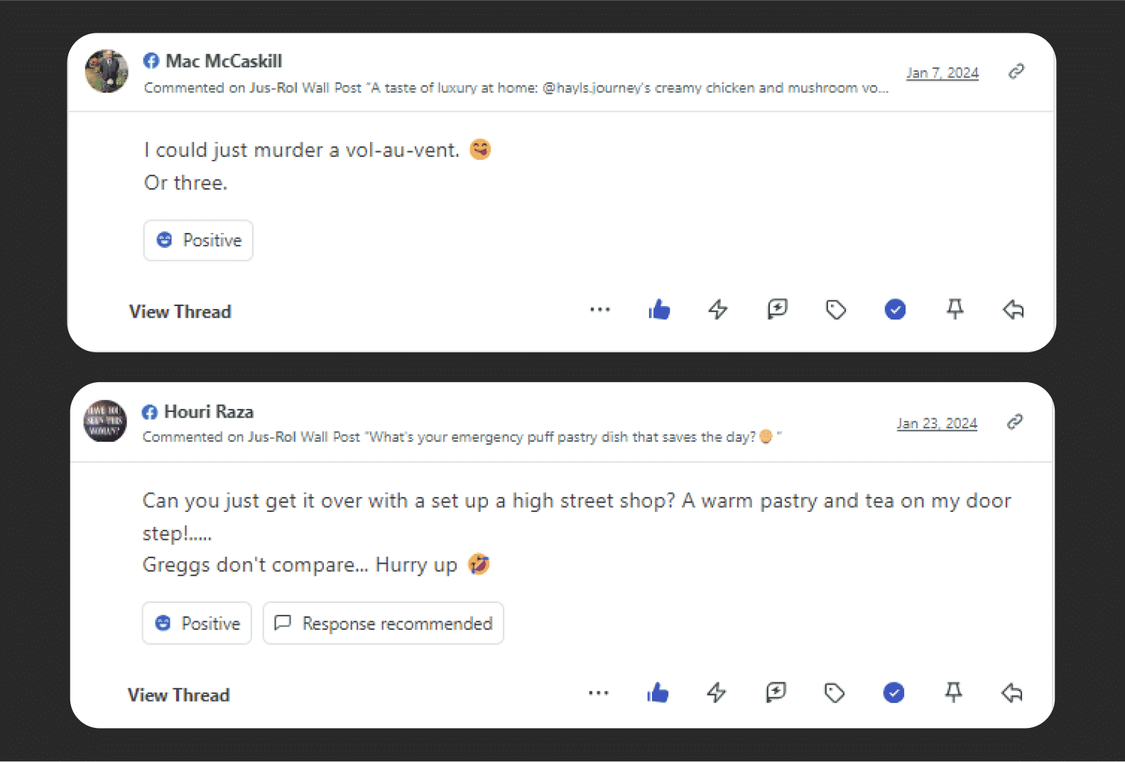 Screenshot of two Facebook comments on Jus-Rol's wall posts.