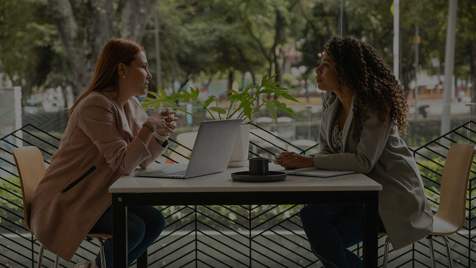 Two women talking to each other outside at a table