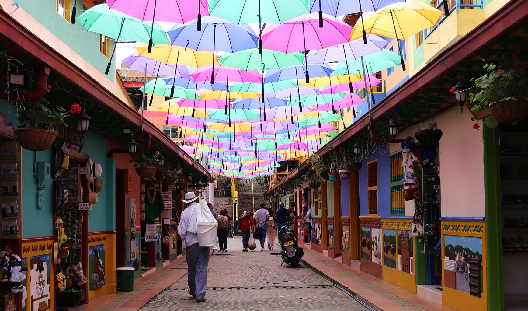 A street with umbrellas lining the gap between one building and another