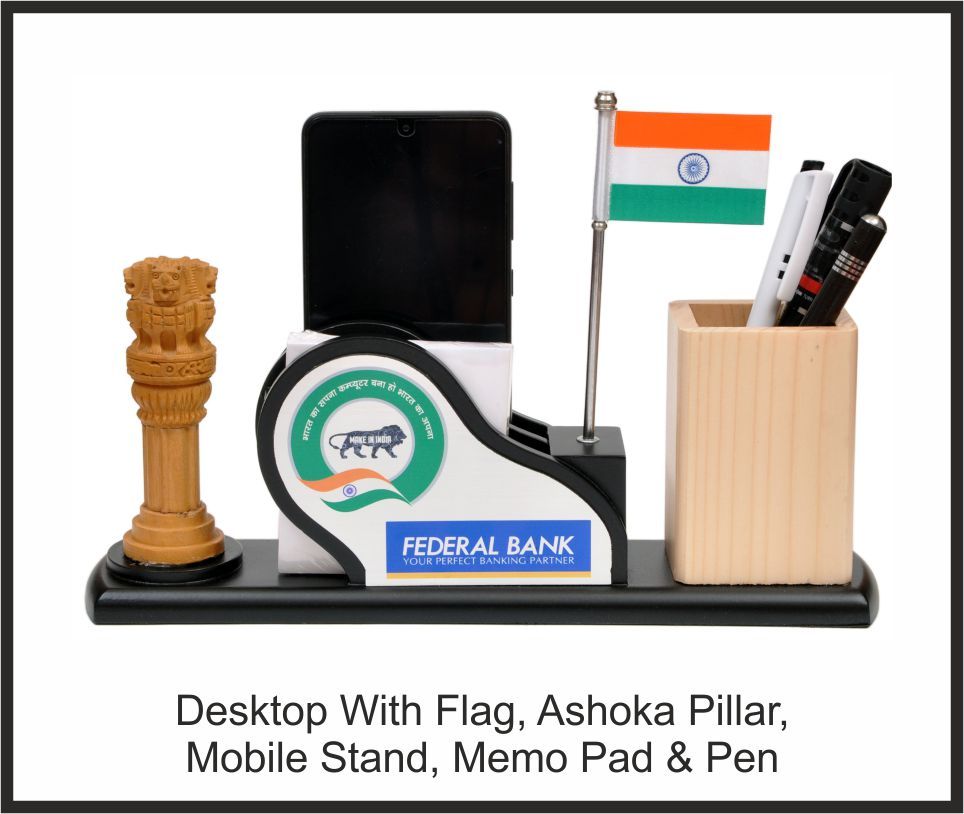 Desktop Organizer - Federal Bank, Corporate Gifts, size Flag + Ashoka Pillar + Mobile Stand + Memo Pad + Pen