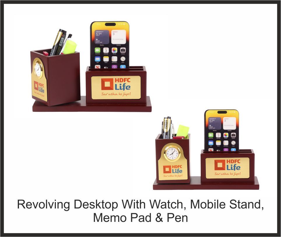 Desktop Organizer - HDFC Life, Corporate Gifts, size Revolving Desktop with Watch + Mobile Stand + Memo Pad + Pen