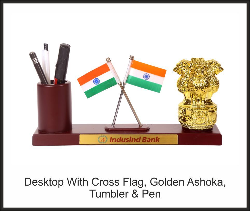 Desktop Organizer - IndusInd Bank, Corporate Gifts, size Cross Flag + Golden Ashoka + Tumbler + Pen