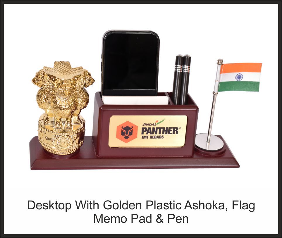 Desktop Organizer - Jindal Panther, Corporate Gifts, size Golden Plastic Ashoka + Flag + Memo Pad + Pen