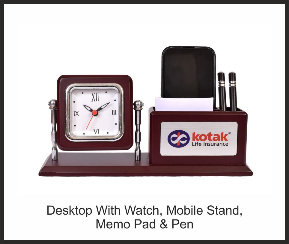 Desktop Organizer - Kotak Life Insurance, Corporate Gifts, size Watch + Mobile Stand + Memo Pad + Pen
