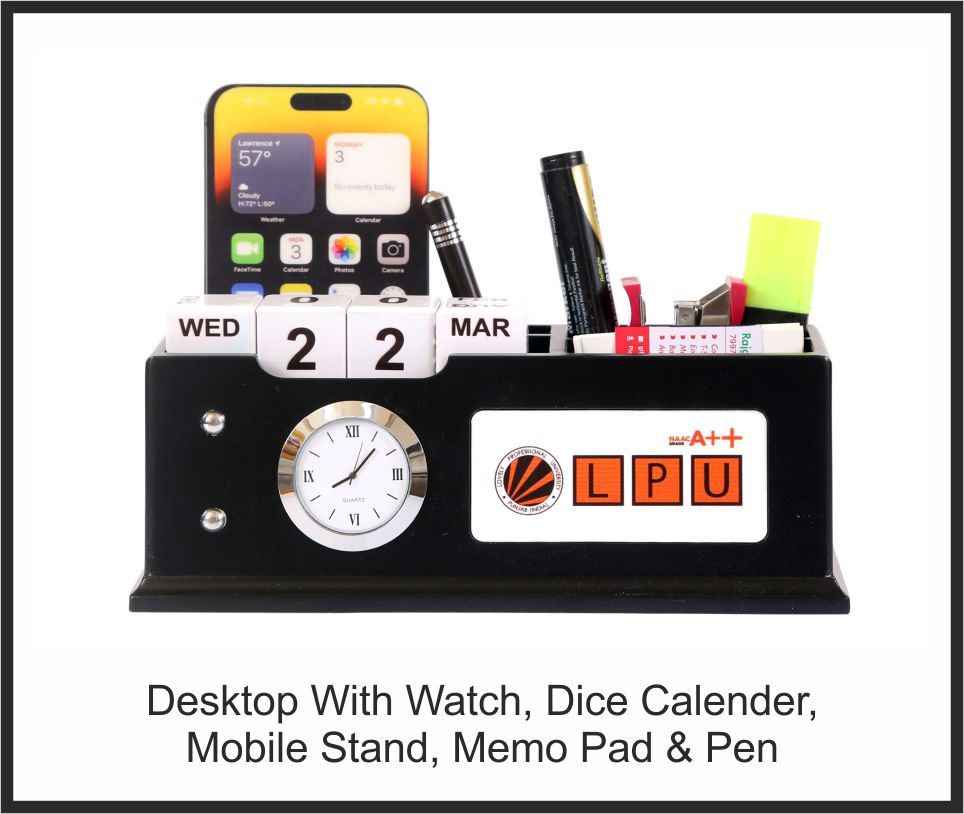 Desktop Organizer - LPU University, Corporate Gifts, size Watch + Dice Calendar + Mobile Stand + Memo Pad + Pen