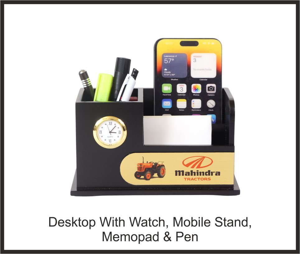Desktop Organizer - Mahindra Tractors, Corporate Gifts, size Watch + Mobile Stand + Memopad + Pen