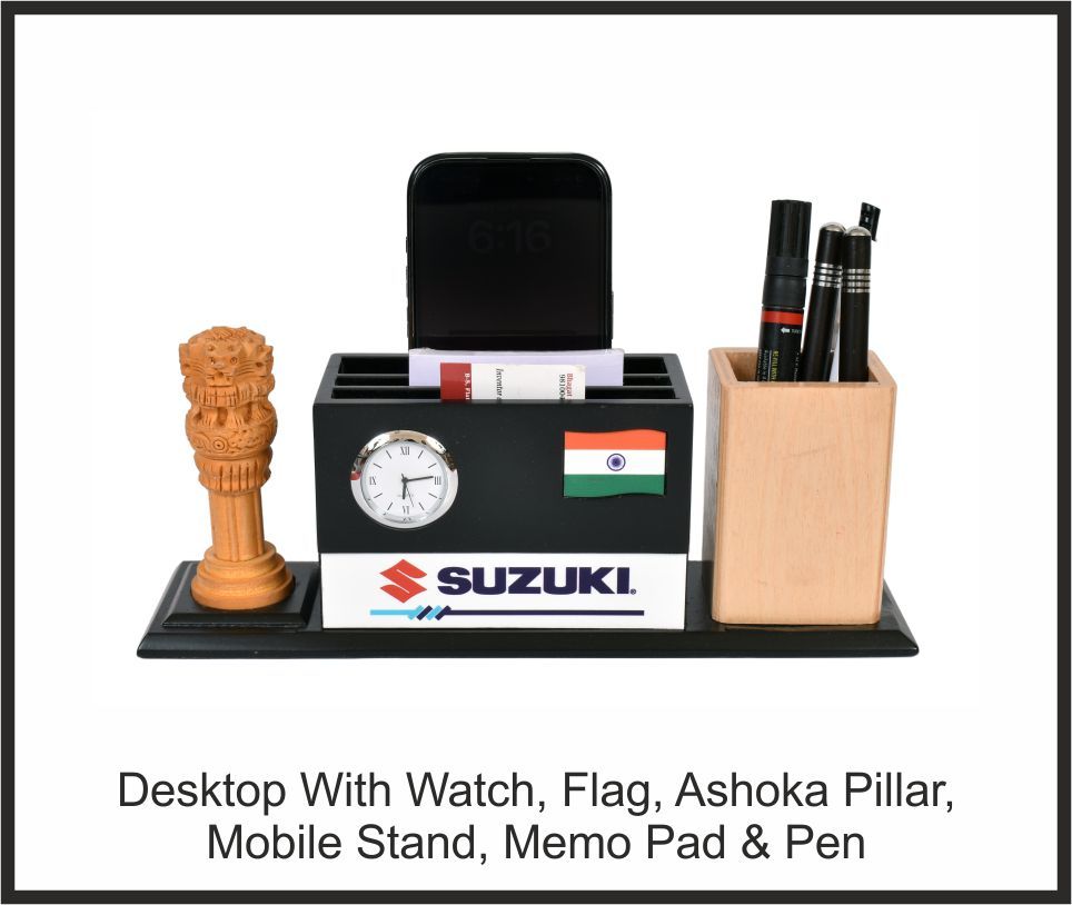 Desktop Organizer - Suzuki, Corporate Gifts, size Watch + Flag + Ashoka Pillar + Mobile Stand + Memo Pad + Pen