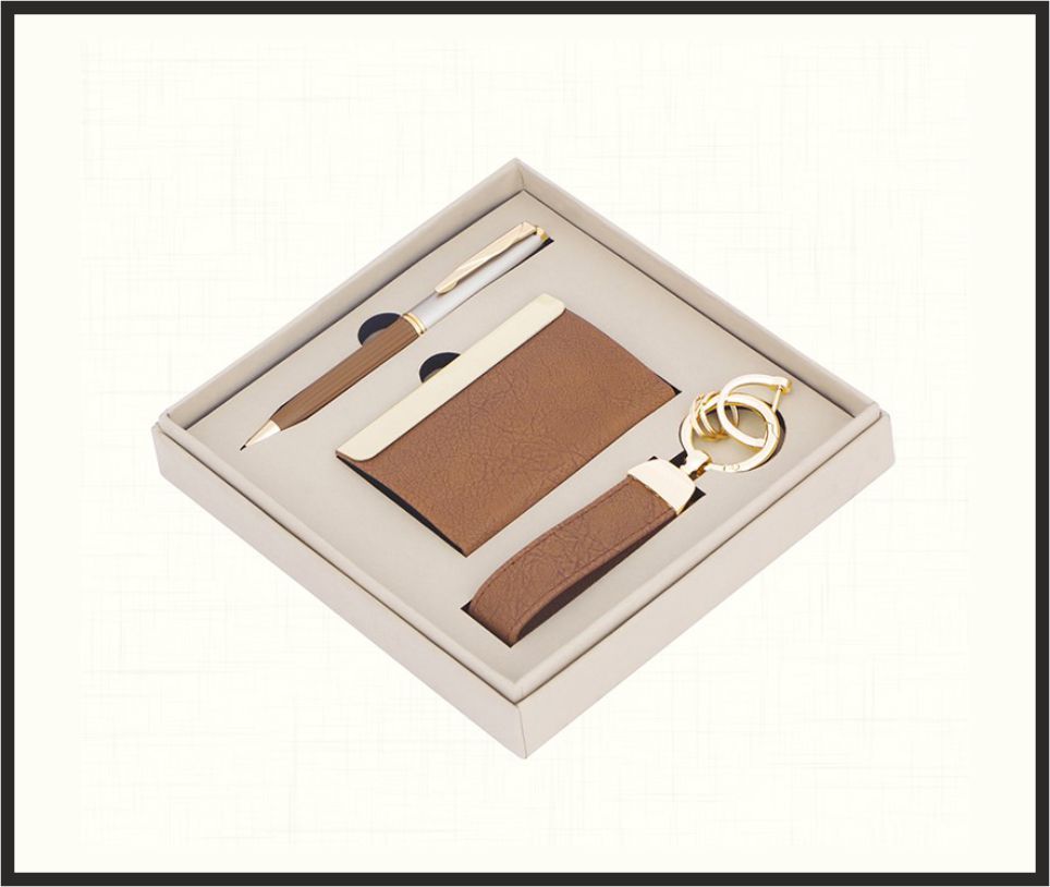 Gift Set - GS4555, Corporate Gifts, size Card Holder + Pen + Keychain (Brown)