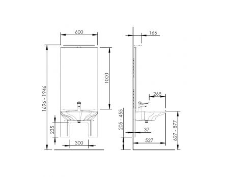 Dimensions - Manual height adjustable washbasin system with mirror and lighting - BASICLINE 401-01