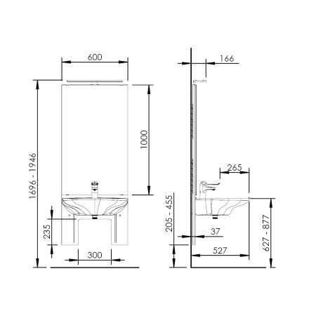 Dimensions - Manual height adjustable washbasin system with mirror and lighting - BASICLINE 401-01