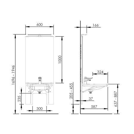 Dimensions - Manual height adjustable washbasin system with mirror and lighting - BASICLINE 401-03