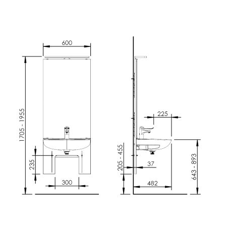 Dimensions - Manual height adjustable washbasin system with mirror and lighting - BASICLINE 401-11