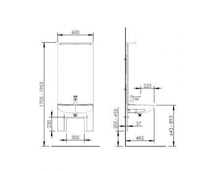 Dimensions - Manual height adjustable washbasin system with mirror and lighting - BASICLINE 401-11