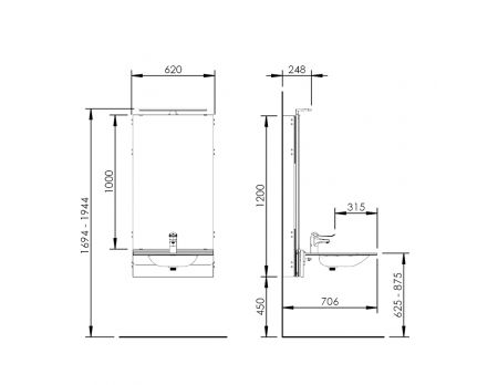 Dimensions - Electric height adjustable washbasin system with mirror and lighting - BASICLINE 433-15