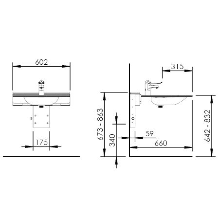 Dimensions - Manually adjustable washbasin with gas spring - BASICLINE 406-15