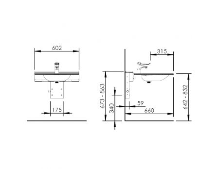 Dimensions - Manually adjustable washbasin with gas spring - BASICLINE 406-15