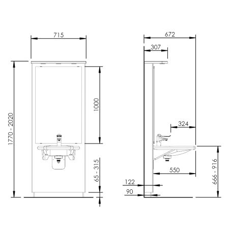 Dimensions - Electric height adjustable washbasin system with mirror and lighting - DESIGNLINE 417-03