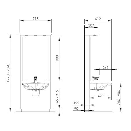 Dimensions - Electric height adjustable washbasin system with mirror and lighting - DESIGNLINE 417-01