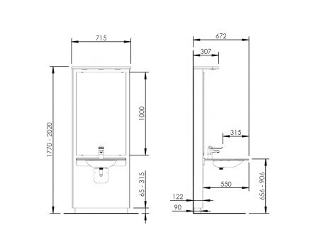 Dimensions - Electric height adjustable washbasin system with mirror and lighting - DESIGNLINE 417-15