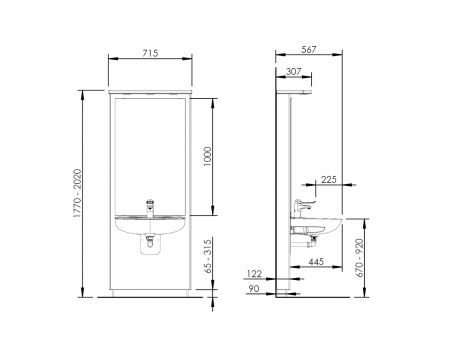 Dimensions - Electric height adjustable washbasin system with mirror and lighting - DESIGNLINE 417-11