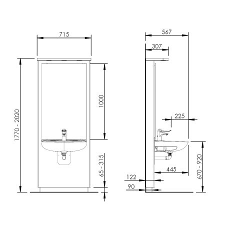 Dimensions - Electric height adjustable washbasin system with mirror and lighting - DESIGNLINE 417-11