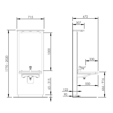 Dimensions - Electric height adjustable washbasin system with mirror and lighting - DESIGNLINE 417-10