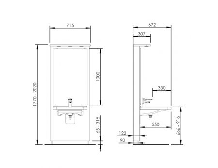 Dimensions - Electric height adjustable washbasin system with mirror and lighting - DESIGNLINE 417-10