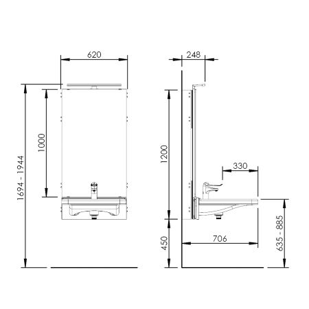 Dimensions - Electric height adjustable washbasin system with mirror and lighting - BASICLINE 433-10