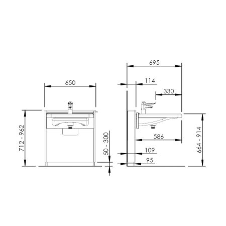 Dimensions - Electric height adjustable washbasin - BASICLINE 415-10