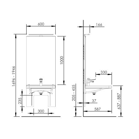 Dimensions - Manual height adjustable washbasin system with mirror and lighting - BASICLINE 401-10