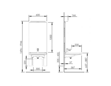 Dimensions - Manual height adjustable washbasin system with mirror and lighting - BASICLINE 401-10