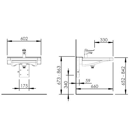 Dimensions - Manually adjustable washbasin with gas spring - BASICLINE 406-10