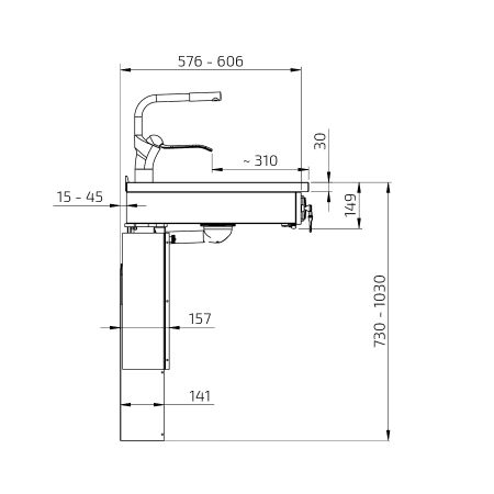 Dimensions - Wall Mounted Motorised Height Adjustable Sink Module 6300-ES11