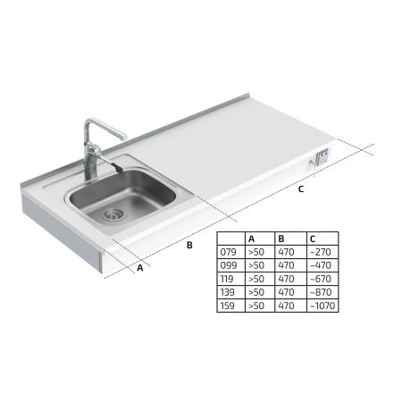 Dimensions - Wall Mounted Motorised Height Adjustable Sink Module 6300-ES11