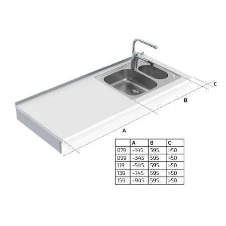 Dimensions - Wall Mounted Motorised Height Adjustable Sink Module 6300-ES20